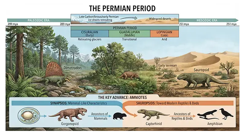 Permian terrestrial ecosystem with Dimetrodon, synapsids, amphibians, conifer-like plants, and wetlands