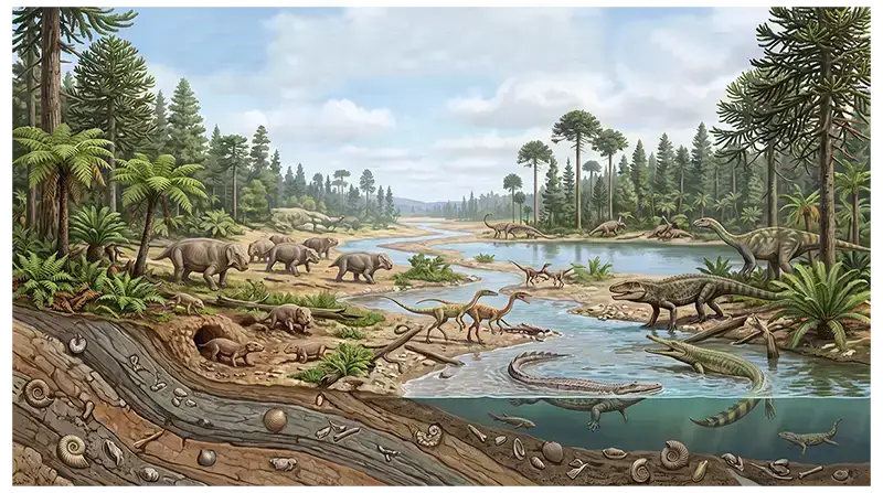 Triassic ecosystem with early dinosaurs, archosaurs, amphibians, reptiles, conifers, and ferns