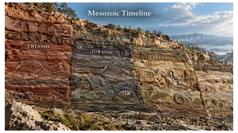 Geological rock layers showing the Mesozoic Era between the Paleozoic and Cenozoic with fossils