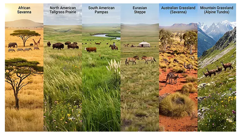 Global grassland landscapes including African savanna, prairie, steppe, Pampas, and mountain grasslands