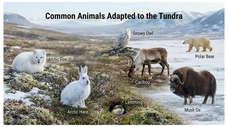 Tundra animals including Arctic fox, caribou, musk ox, Arctic hare, lemming, snowy owl, and polar bear