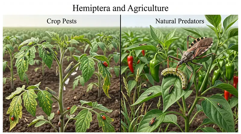 Hemiptera showing crop pests such as aphids and whiteflies alongside predatory insects used in natural pest control