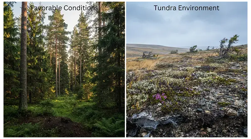 Treeless tundra compared with forest showing cold temperatures, shallow soil, wind, and frozen ground