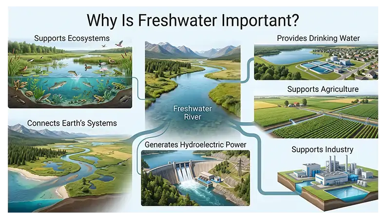 Freshwater supporting ecosystems, drinking water, agriculture, industry, hydropower, and Earth systems