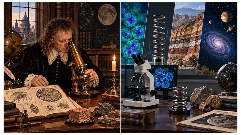Robert Hooke's scientific legacy connecting microscopy, cells, physics, geology, and astronomy