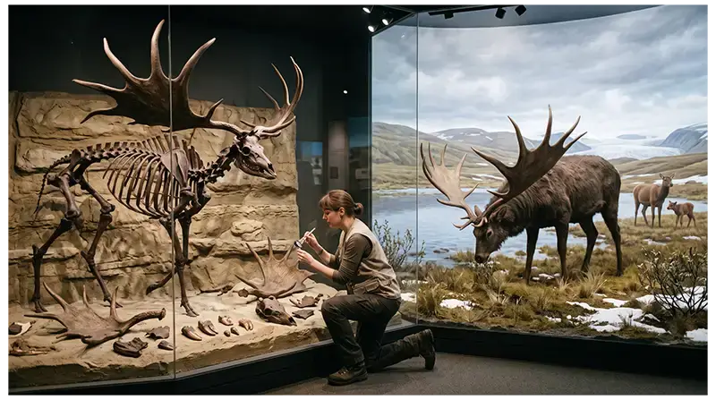 Irish elk fossils, giant antlers, skeleton, and paleontological research showing the species' evolutionary and ecological importance