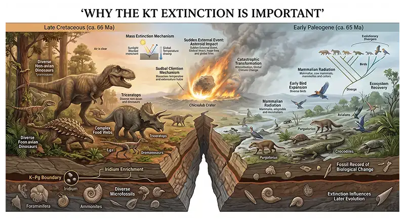 K–Pg boundary fossils and geological layers showing the KT Extinction's importance to evolution and Earth history