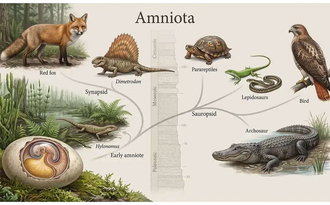 Amniota showing an early amniote, amniotic egg, reptiles, birds, and mammals