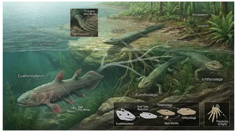 Evolutionary transition from lobe-finned fish to early tetrapods showing changes in fins, bones, skull, and body support