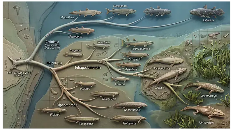 Evolution of sarcopterygians through geological time showing diverse lobe-finned fish and early tetrapod relatives