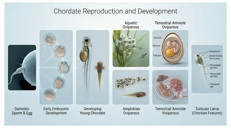 Chordate reproduction and development showing embryos, fish and amphibian development, eggs, mammals, and tunicate larvae
