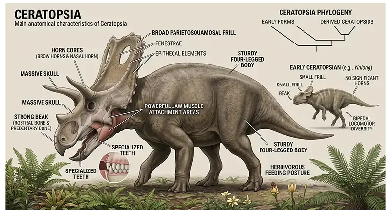 Ceratopsian anatomy showing a strong beak, jaws, teeth, skull, horns, frill, and sturdy limbs