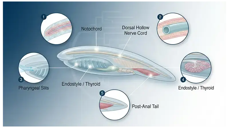 Chordate characteristics including the notochord, dorsal hollow nerve cord, pharyngeal slits, endostyle, and post-anal tail