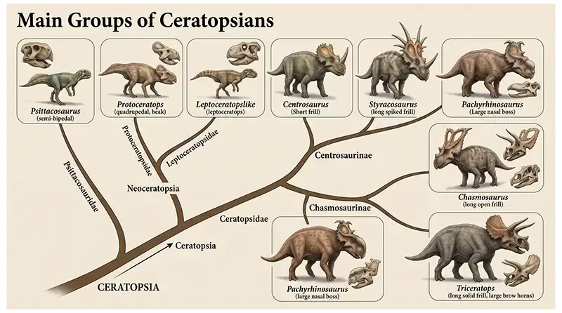 Ceratopsia classification showing Psittacosaurus, Protoceratops, ceratopsids, and other major groups