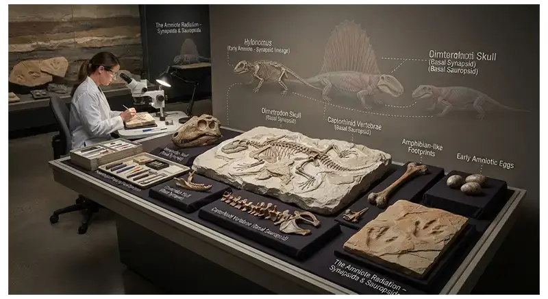 Amniote fossils including skulls, jaws, footprints, eggs, and an early vertebrate skeleton