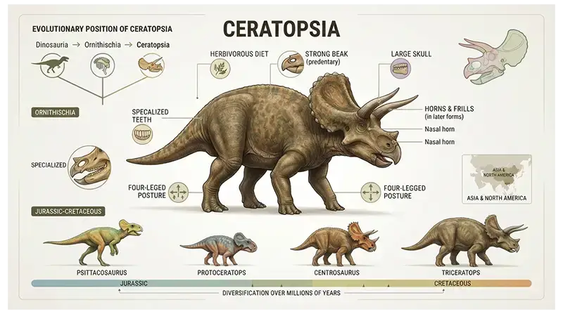 Ceratopsia infographic showing horned dinosaurs, classification, anatomy, and evolutionary diversity