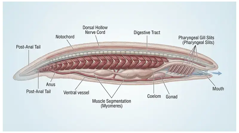 Chordate body structure showing the notochord, dorsal nerve cord, pharynx, muscles, digestive tract, and post-anal tail