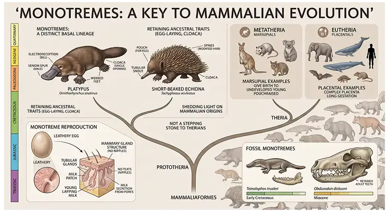 Platypus, echidna, fossil remains, and evolutionary branches illustrating the importance of monotremes to mammal evolution