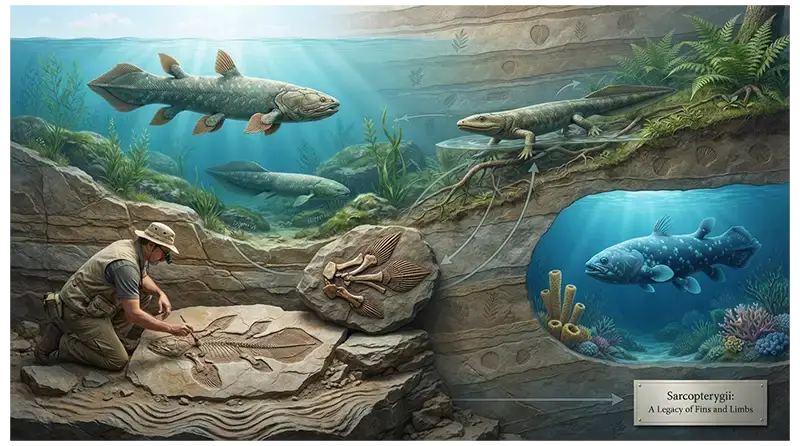 Sarcopterygii evolutionary importance shown by fossil lobe-finned fish, living coelacanths, lungfish, and early tetrapods
