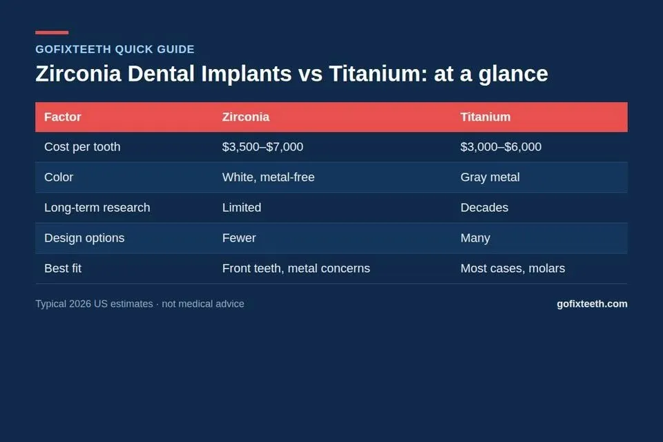 Zirconia Dental Implants vs Titanium at a glance