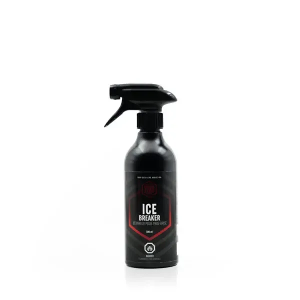 A black spray bottle labeled Ice Breaker, a deodorizer for shoes and gear, stands upright on a white background. Ideal for freshening up after exterior car care or using car wax, the bottle has a trigger spray top and red and white label.