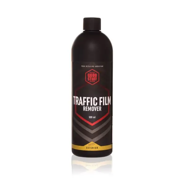 A black 500 ml bottle labeled Good Stuff Traffic Film Remover with red and white text, designed for exterior car care. The bottle has a black cap and a modern, bold label—perfect for use before snow foam or car wax applications.