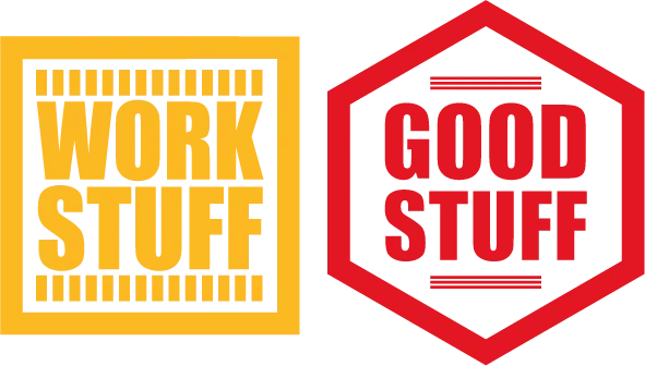 Two logos side by side: the left is a yellow square with WORK STUFF in bold yellow letters; the right is a red hexagon with GOOD STUFF in bold red letters—join us as a Project Ambassador and represent these standout brands!.