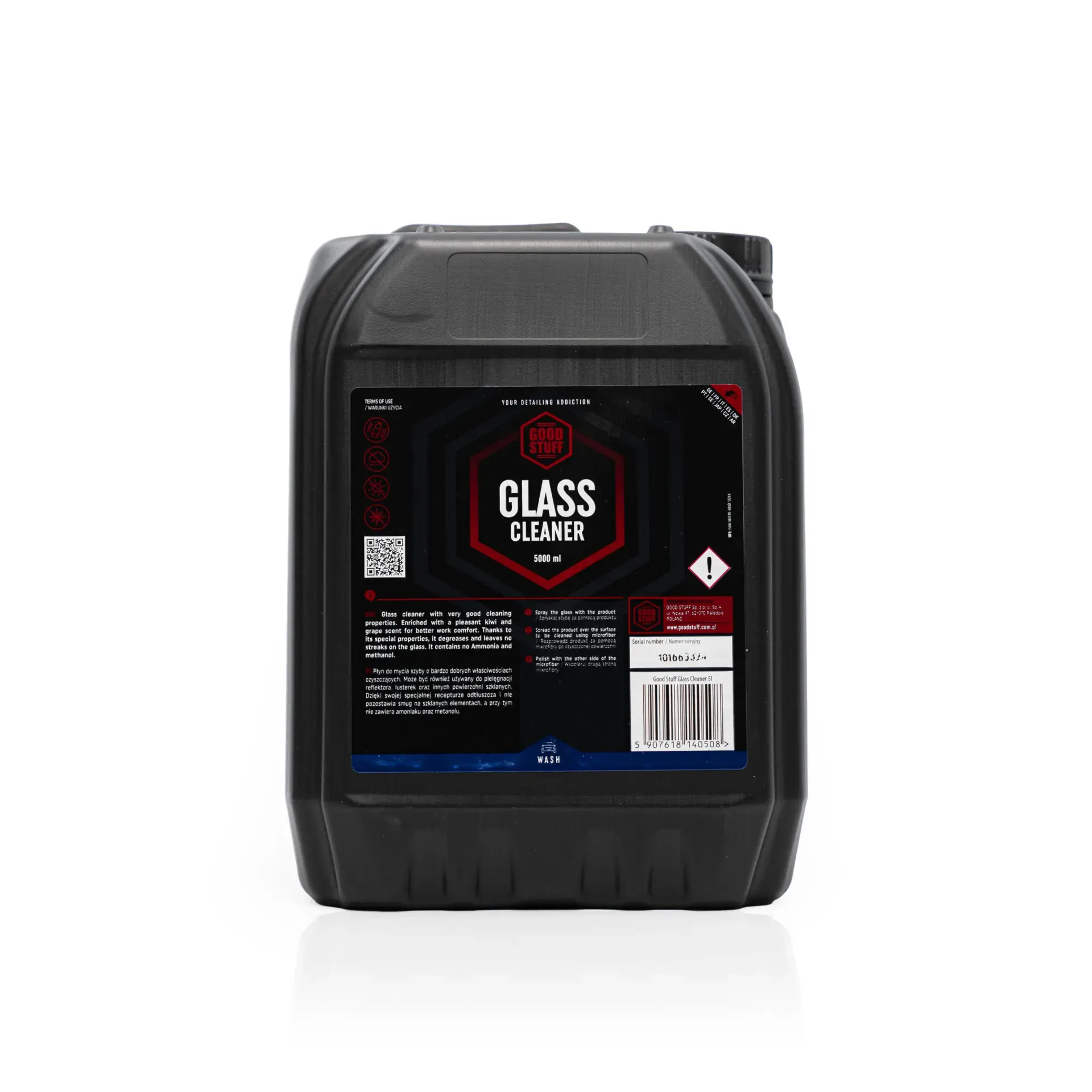 A black plastic container with a handle, featuring a label that reads Glass Cleaner in bold white letters on a black and red background. Ideal for glass detailing, this Good Stuff product has hazard symbols and information on the back.