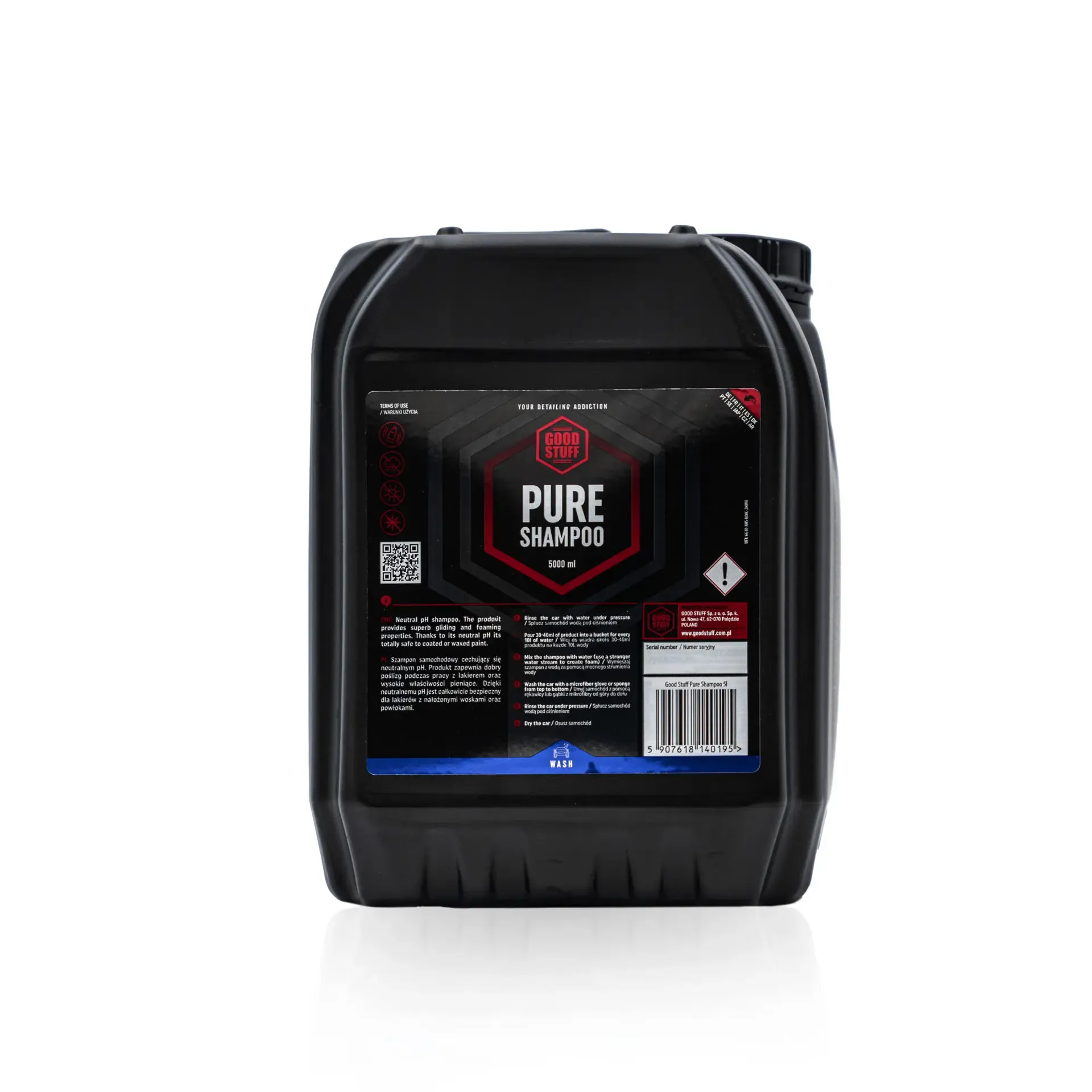 A large black plastic container of Good Stuff Pure Shampoo, a pH-neutral car shampoo, with a detailed product label featuring text, symbols, and a barcode, set against a plain white background.