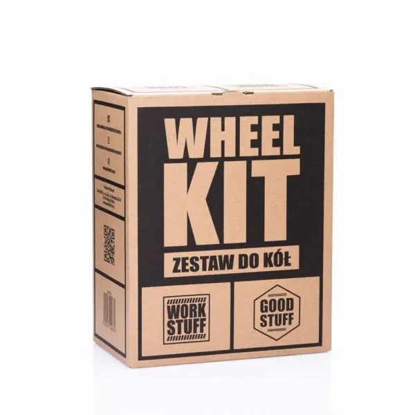 A cardboard box labeled Wheel Kit Zestaw do Kół with Work Stuff and Good Stuff logos in bold black text stands against a plain white background, perfect for those seeking premium car care sets or detailing kits.