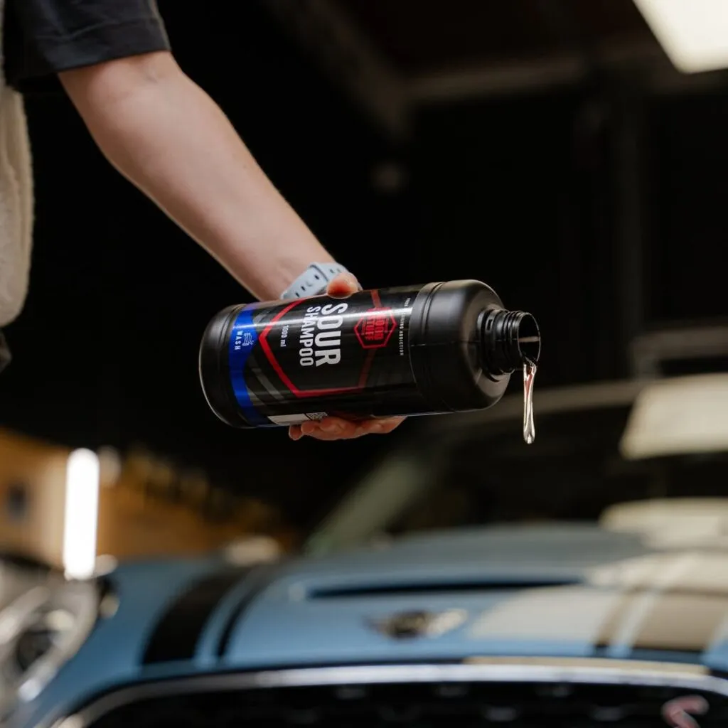A person pours Good Stuff Sour Shampoo, a streak-free cleaner, from a black bottle over the hood of a blue car inside a garage. A person pours Good Stuff Sour Shampoo, a streak-free cleaner, from a black bottle over the hood of a blue car inside a garage.