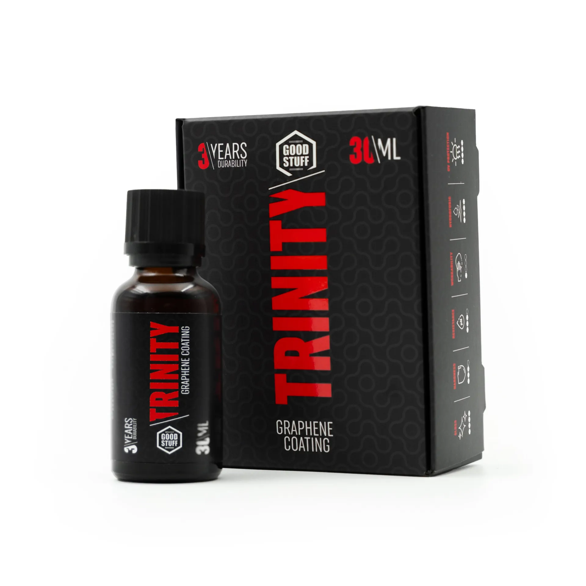 Una botella con la etiqueta Trinity Graphene Coating se encuentra junto a su caja de embalaje negra, que destaca 3 años de durabilidad y 30 ml en texto rojo y blanco en negrita.