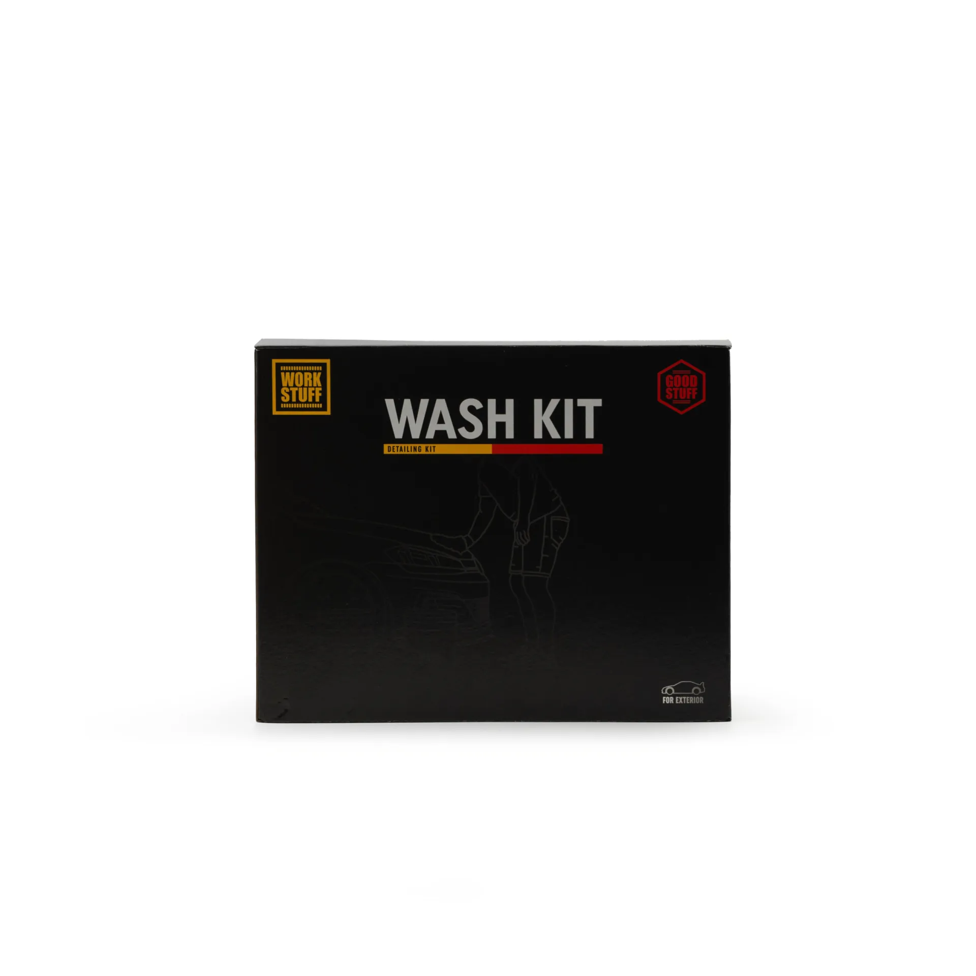 Eine schwarze rechteckige Schachtel mit der Aufschrift WORK STUFF WASH KIT mit minimaler Grafik und gelben und roten Akzenten, die für Reinigungsprodukte für Autos bestimmt ist.