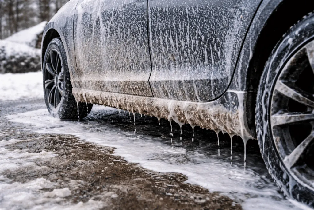 Primer plano de un coche negro cubierto de sal de carretera y aguanieve, con agua sucia y hielo goteando de sus bajos sobre un suelo húmedo y nevado.