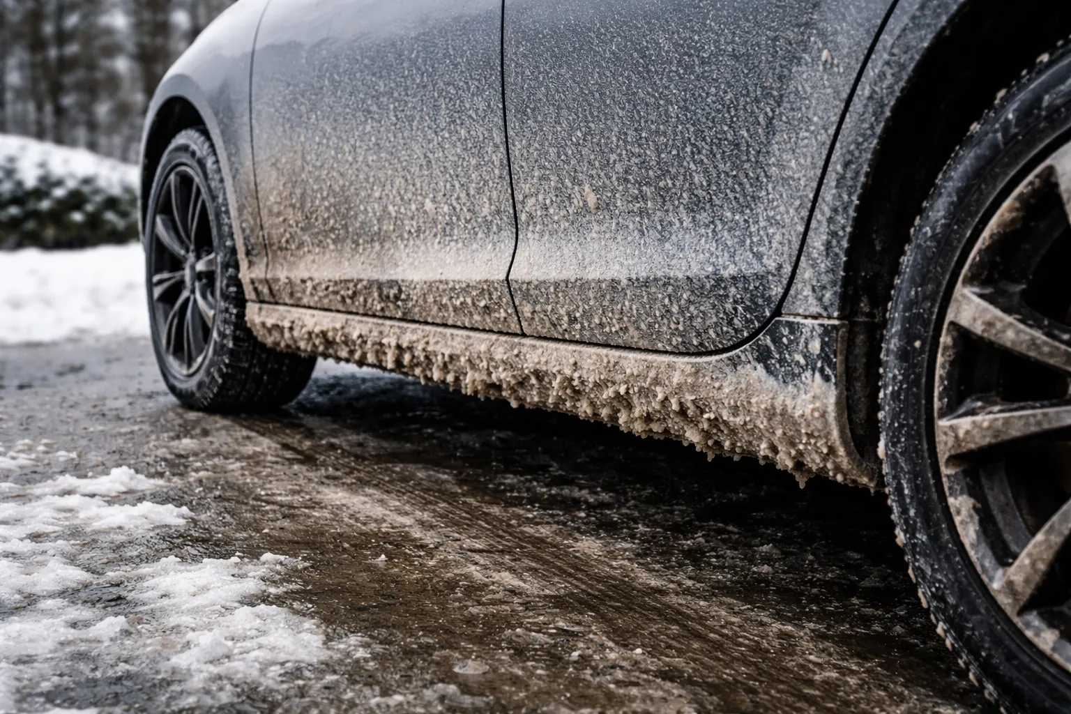 Nahaufnahme eines dunklen, mit Schmutz und Streusalz bedeckten Autos, das auf einer verschneiten, matschigen Straße im Winter geparkt ist. Schnee und Eis sind auf dem Boden und der Unterseite des Autos zu sehen.