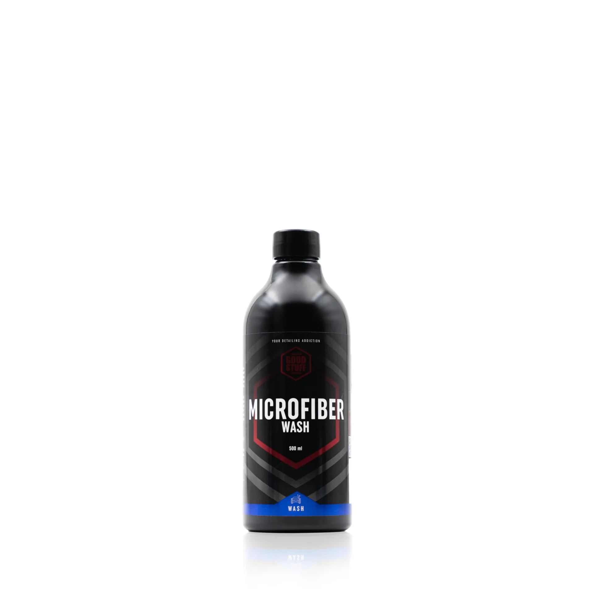 A black plastic bottle labeled Good Stuff Microfiber Wash stands upright on a white background. The label features red, white, and blue accents with text and a small logo near the top, highlighting its microfiber cleaner purpose.