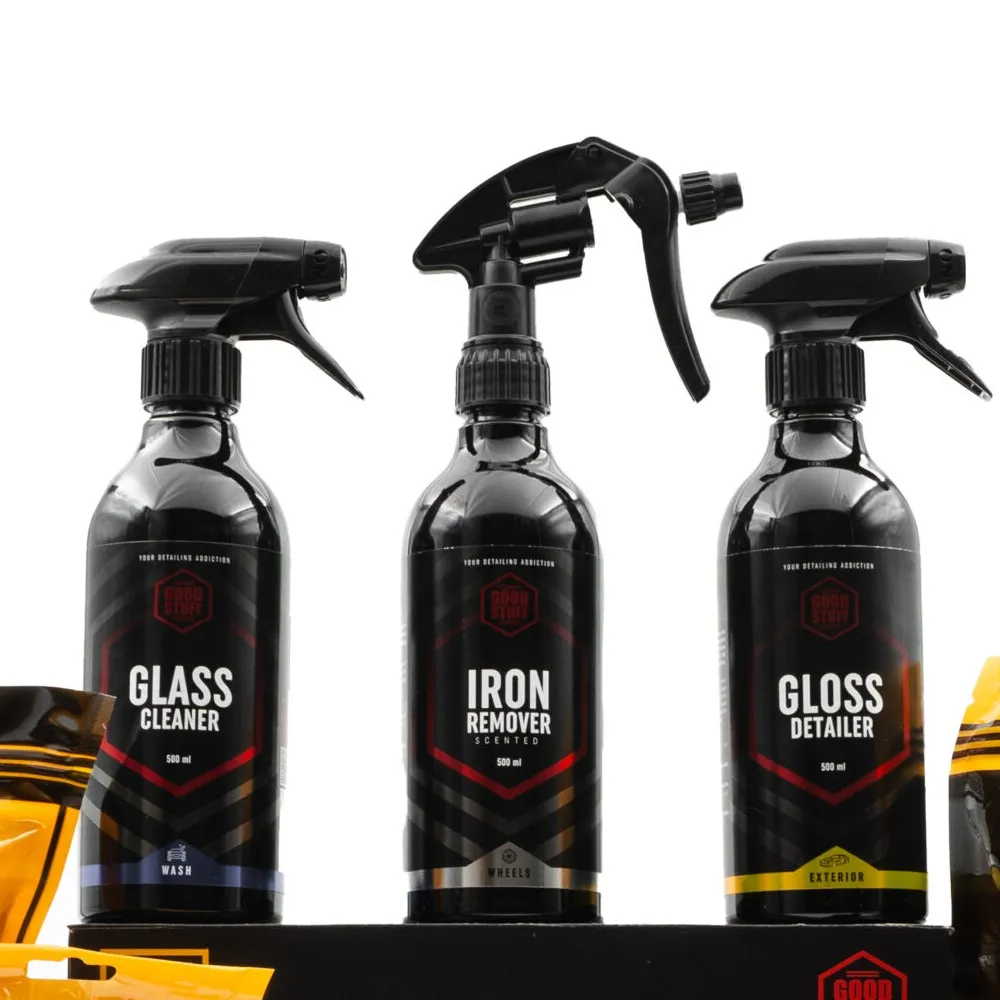 Close-up of Good Stuff Glass Cleaner, Iron Remover and Gloss Detailer bottles