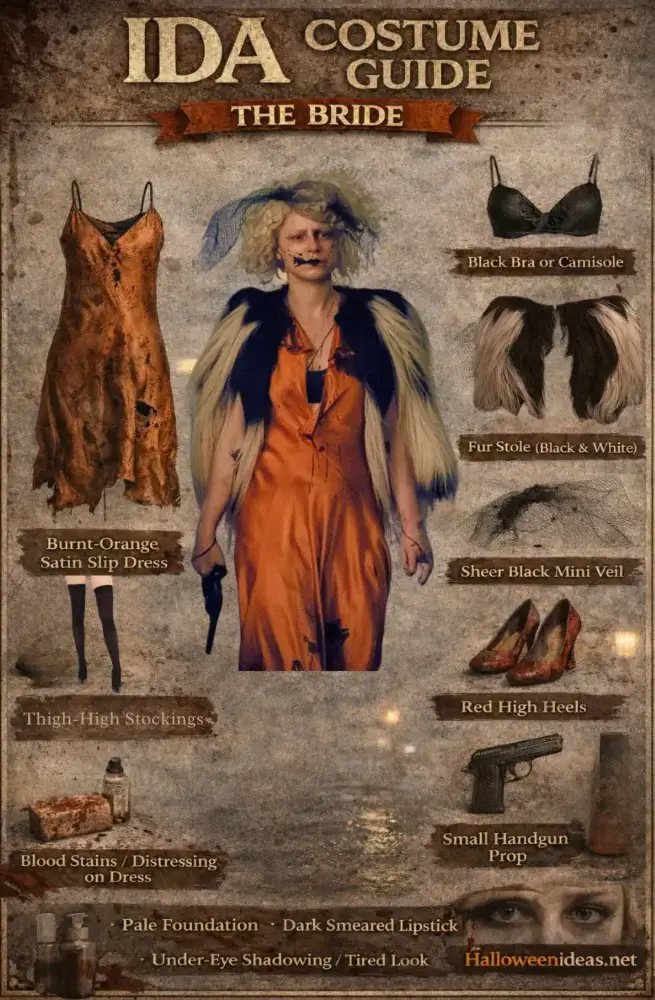 Ida from The Bride costume guide infographic — burnt-orange satin slip dress, birdcage veil, red high heels, thigh-high stockings, Ida wig, toy revolver, goth eyeshadow, fake blood makeup