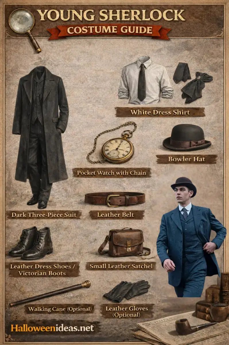 Young Sherlock costume guide infographic — dark three-piece suit, white dress shirt, Victorian cravat, bowler hat, leather belt, pocket watch with chain, vintage dress shoes, vintage satchel, leather gloves, walking cane