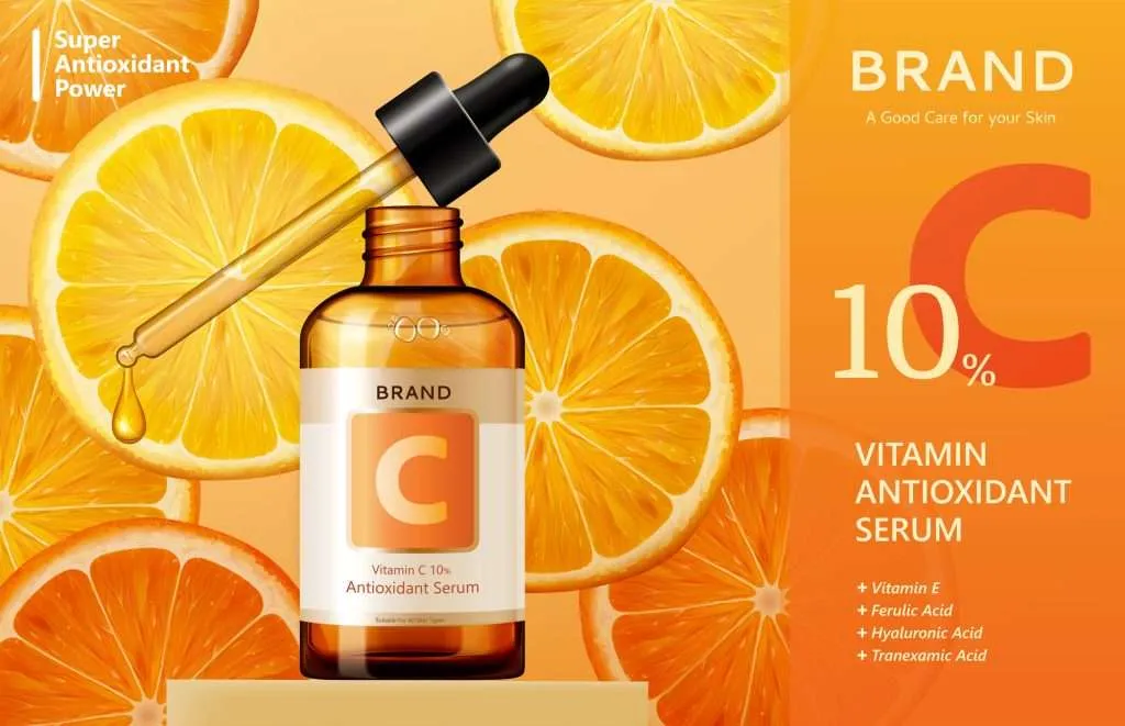 Vitamin C serum ads on beautiful sliced citrus background in 3d illustration
