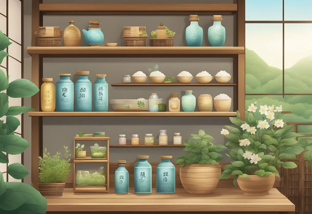 A serene Korean garden with traditional skincare ingredients like ginseng, rice, and green tea displayed on wooden shelves. A gentle breeze carries the scent of natural herbs and flowers