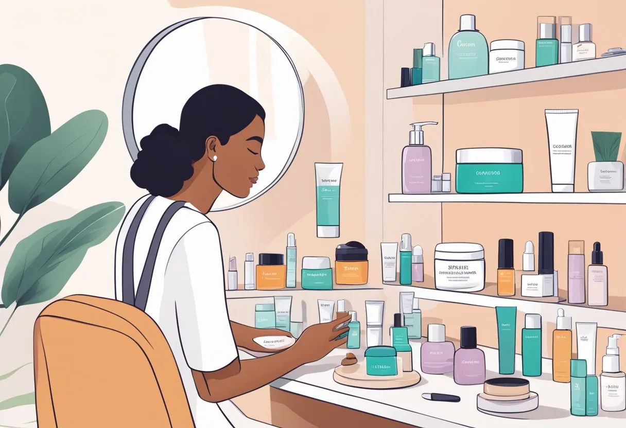 A person applying various skincare products on a clean, bright vanity table, with products labeled for specific skin concerns