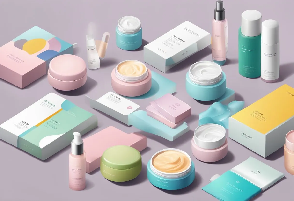 A table filled with colorful and sleek skincare products from Korea, surrounded by modern and minimalist packaging designs