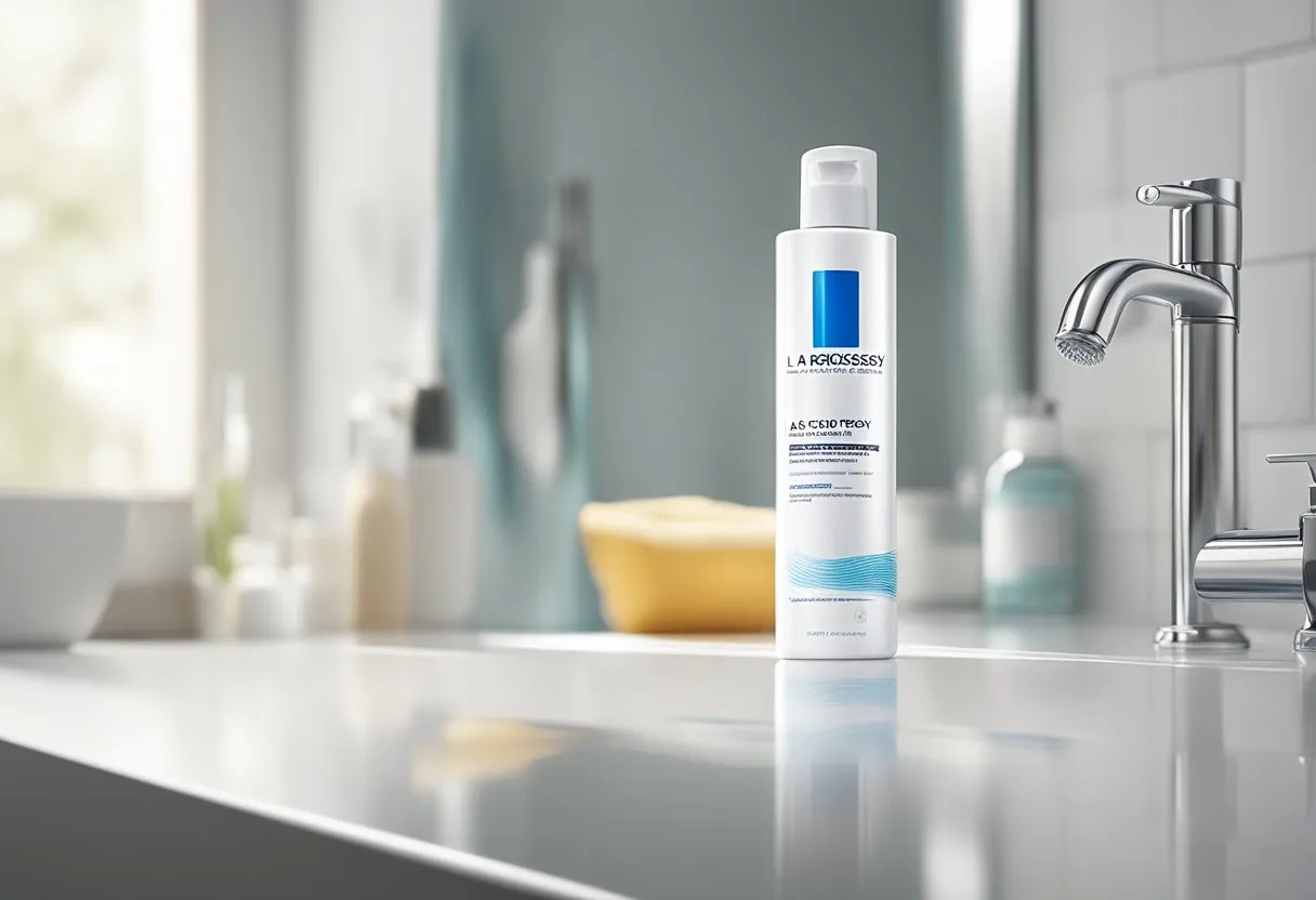 A bottle of La Roche-Posay cleanser sits on a clean, white bathroom countertop, surrounded by soft, fluffy towels and a gentle, natural light streaming in through a window