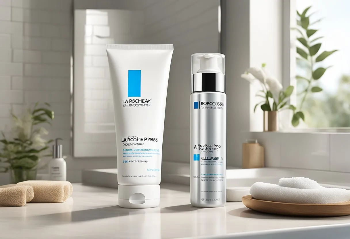 The La Roche-Posay cleanser sits on a pristine bathroom counter, surrounded by soft, natural lighting. A satisfied user's review is displayed nearby, emphasizing the product's effectiveness and gentle touch on the skin