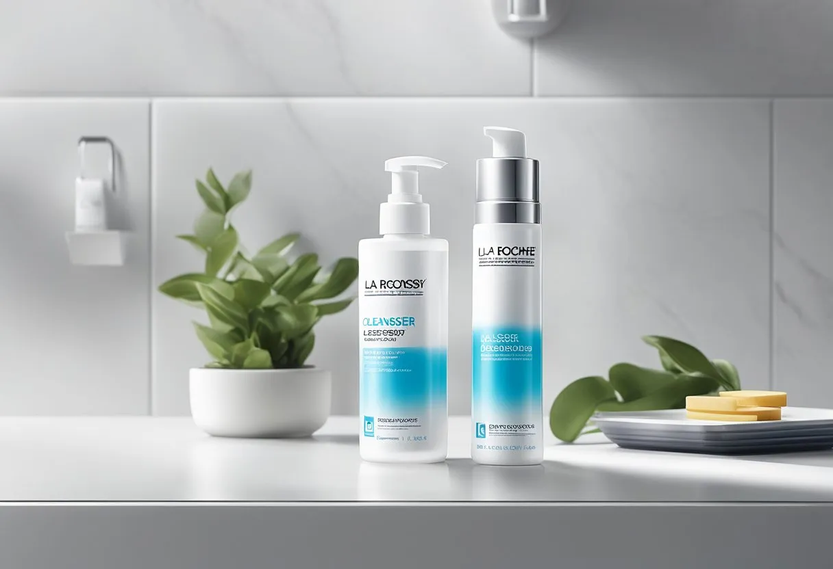 A bottle of La Roche-Posay cleanser sits on a clean, white countertop with soft, natural lighting