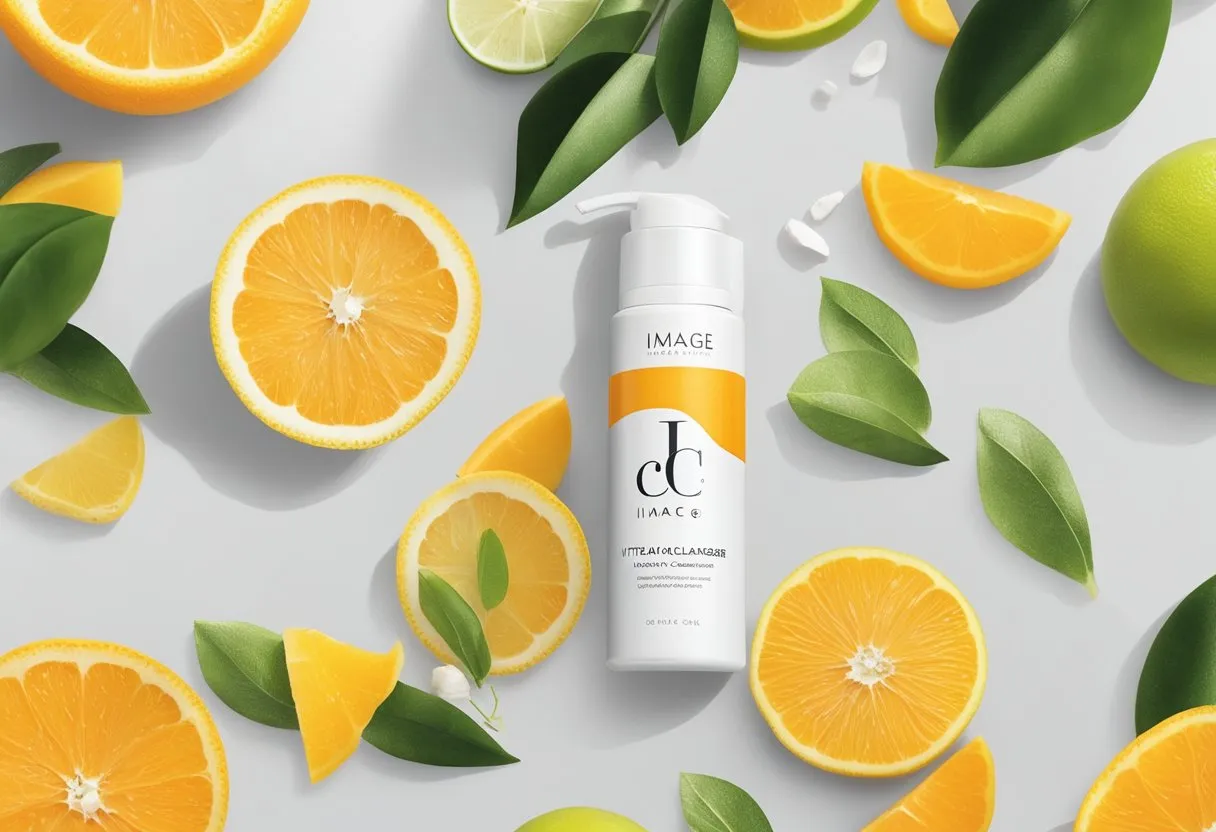 A bottle of IMAGE Skincare VITAL C Hydrating Facial Cleanser stands on a marble countertop, surrounded by fresh citrus fruits and blooming flowers