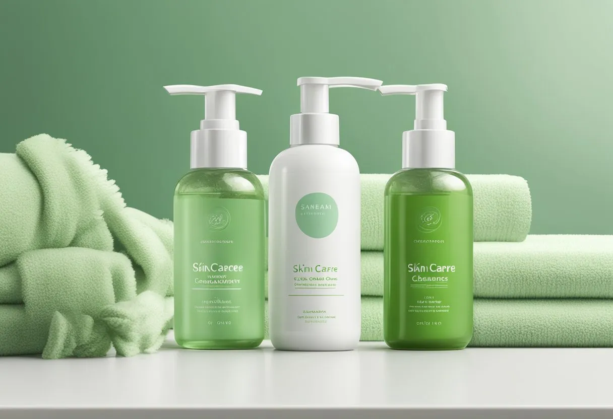 A bottle of skin care cleanser sits on a clean, white countertop, surrounded by fresh, green botanicals and soft, fluffy towels