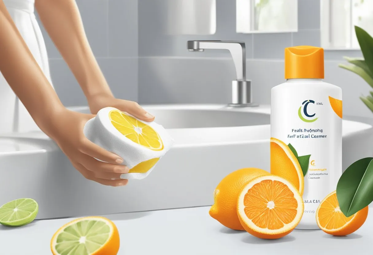 A woman's hand squeezes VITAL C Hydrating Facial Cleanser onto a damp sponge, surrounded by fresh citrus fruits and a clean, white bathroom counter