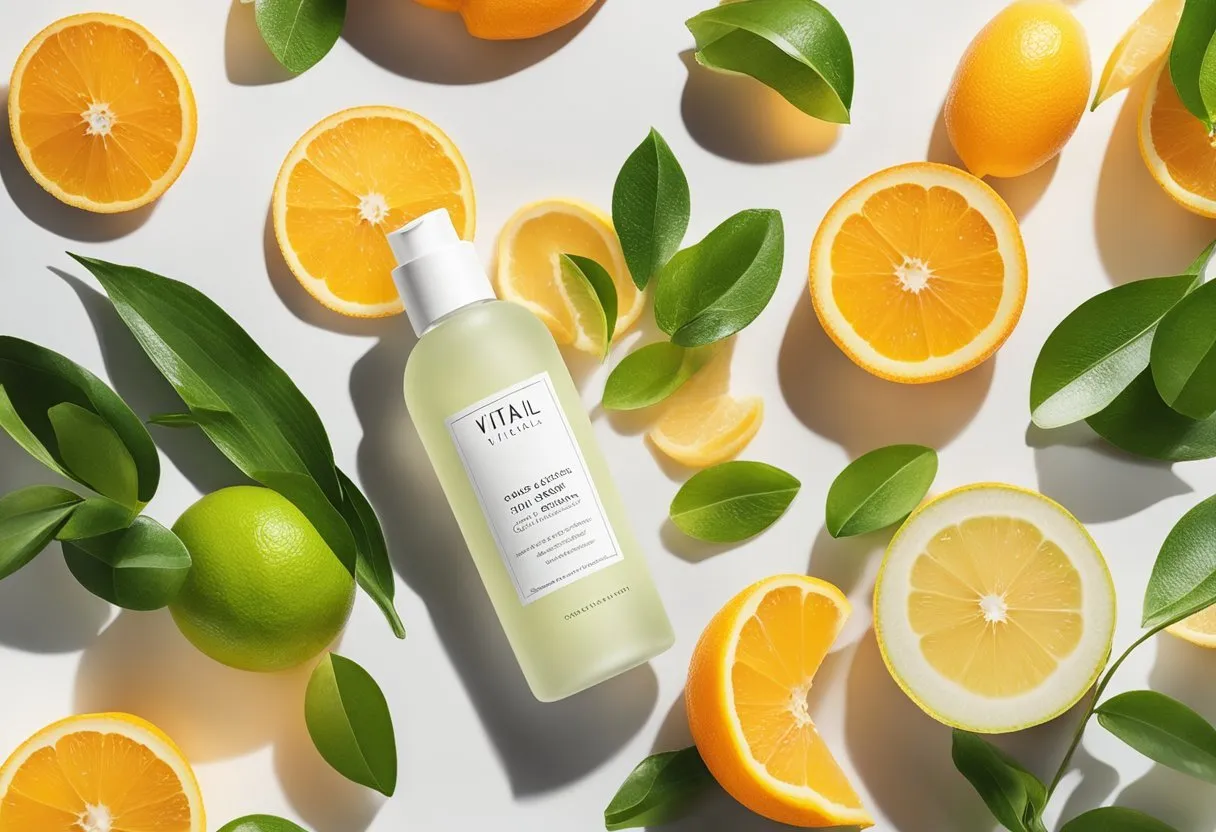 A clear bottle of VITAL C Hydrating Facial Cleanser sits on a marble countertop, surrounded by fresh citrus fruits and vibrant green leaves. Sunlight streams in, casting a warm glow on the scene